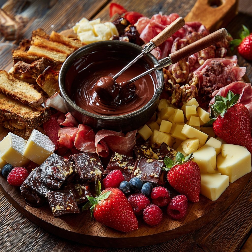 Valentines Charcuterie Board with Chocolate Fondue